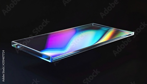 Transparent glass panel with iridescent light refraction.