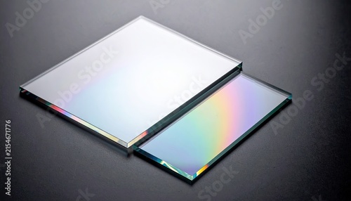Two glass sheets with prismatic light on dark surface.