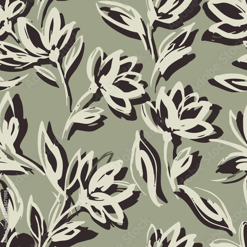Hand drawn botanical vector background with brushstroke flowers in muted sage green and olive tones for modern wallpaper and fashion textile design.