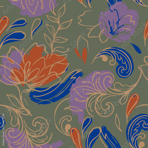 Abstract floral seamless pattern featuring artistic brush strokes, paisley elements, and leaves in muted olive, terracotta, blue, and purple.