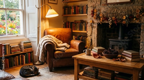 Cozy Autumn Living Room with Sleeping Cat and Fireplace