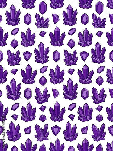Purple amethyst crystal gems seamless pattern on white background