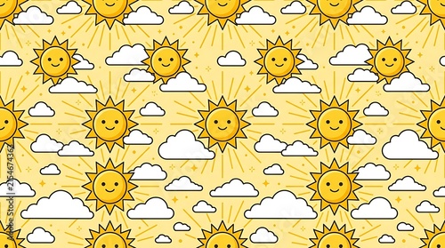 Seamless pattern of smiling suns and fluffy white clouds