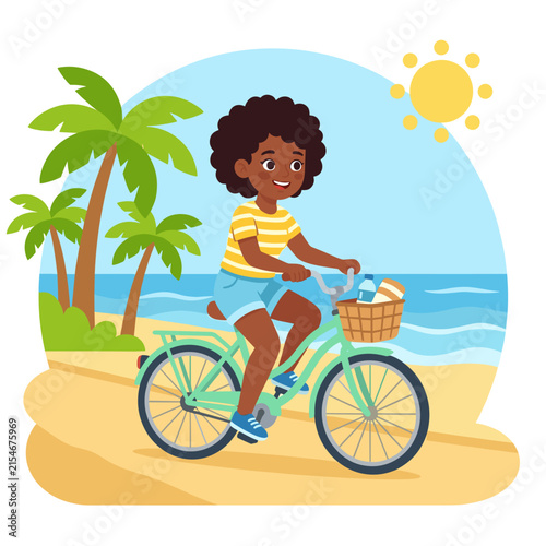 African American girl riding a bike near the beach with palm trees  