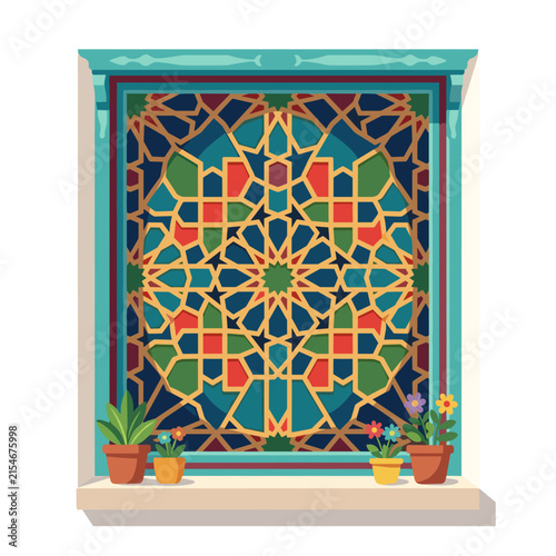 Traditional Arabic window with mashrabiya and potted plants  