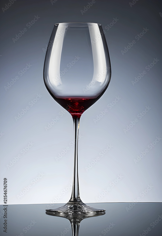 Fototapeta premium Elegant red wine glass with a small amount of liquid, reflecting on a dark surface with a gradient background