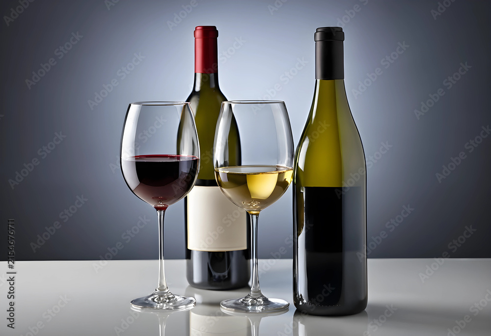Naklejka premium Two wine bottles and two glasses filled with red and white wine on a reflective surface