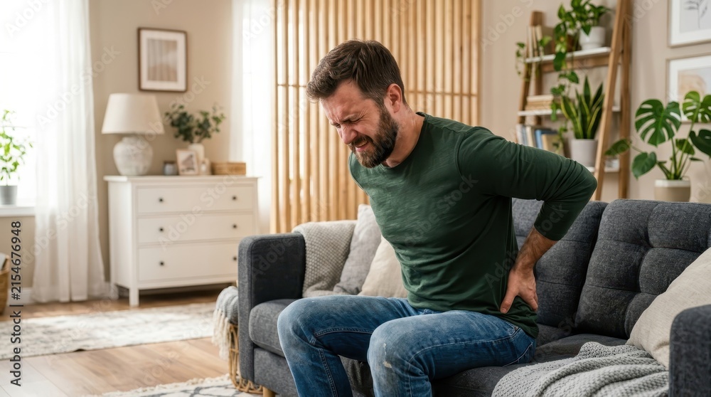 Fototapeta premium Middle-aged Man Suffering from Severe Lower Back Pain While Sitting on Sofa in Modern Living Room