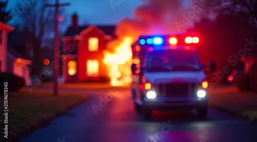 A blurred image of an ambulance driving away from a burning private home behind at night