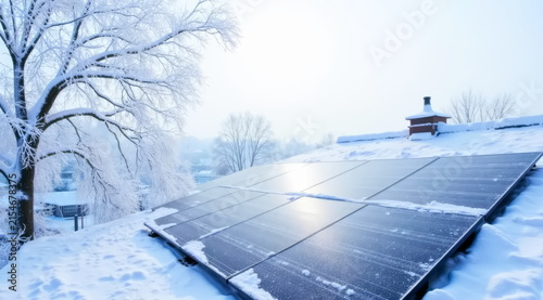Solar panels in freezing winter weather on the roof of a house with snow, next to a snow-covered tree