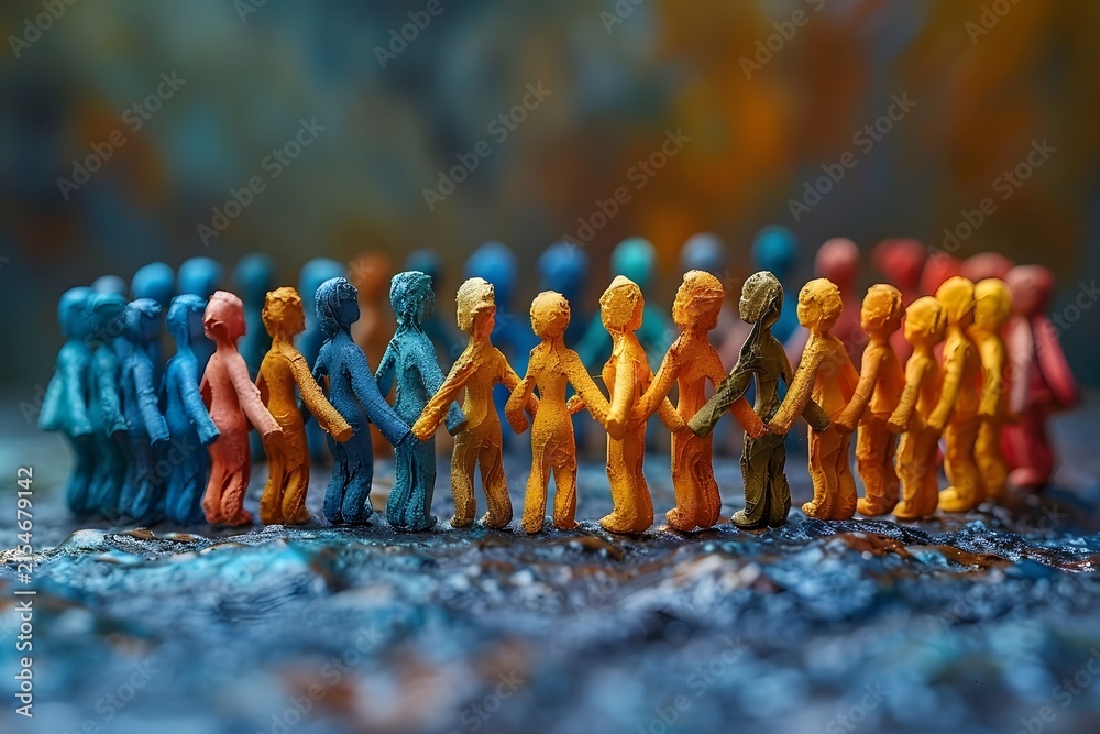 Fototapeta premium Diverse clay figures hold hands in a circle symbolizing cooperation.