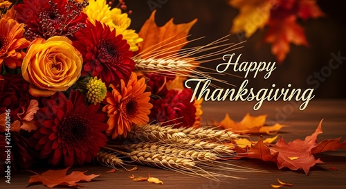 Happy thanksgiving greeting card with a rustic bouquet of autumn flowers and fallen maple leaves on wood