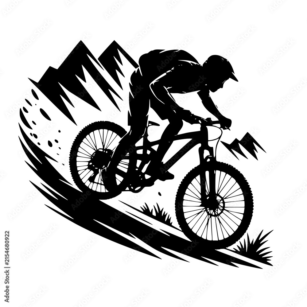 Fototapeta premium silhouette of a man riding a bike, A bold black silhouette of a helmeted mountain biker leaning forward aggressively on a full