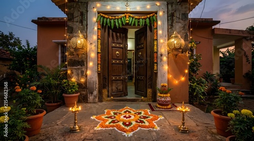 Entrance of an indian home decorated with rangoli, marigold flowers, and traditional lamps for diwali