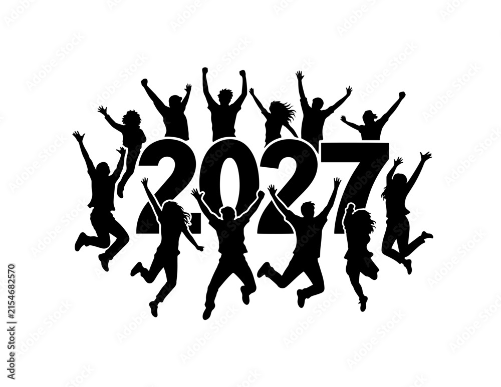 Fototapeta premium Silhouettes of jumping people celebrate the new year 2027 on a white