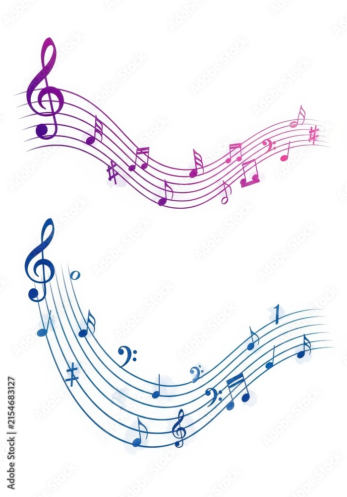 Fototapeta premium Colorful Wavy Musical Notes and Staves Illustration Set in Blue and Purple Gradients on White Background