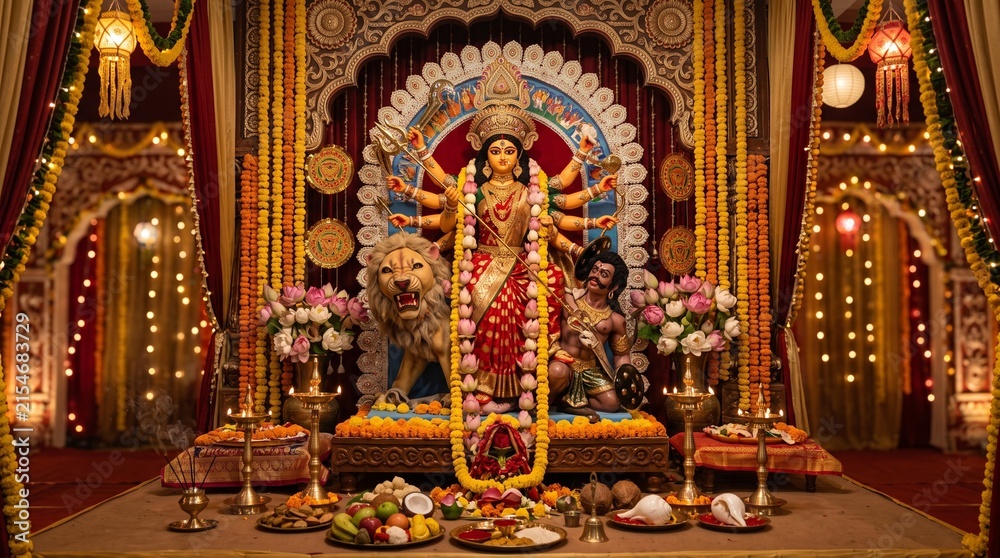 Fototapeta premium Durga Puja Festival Idol Decoration with Flowers, Diyas and Traditional Bengali Ornaments