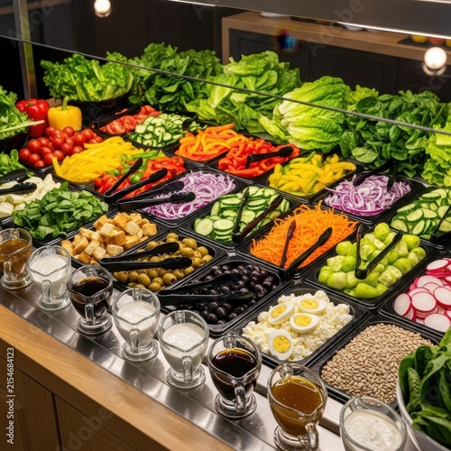 Colorful fresh salad bar with assorted vegetables and dressings.