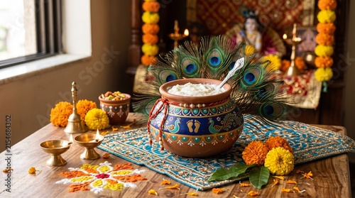 Krishna Janmashtami Matki with Butter and Peacock Feathers for Hindu Festival Celebration