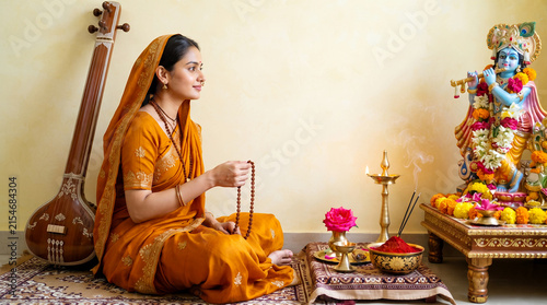 Sant Mirabai, divine mystic poet and devotee of God Krishna, playing Rudraksha garland and Worship to god Krishna at Hindu altar, Mirabai Jayanti concept