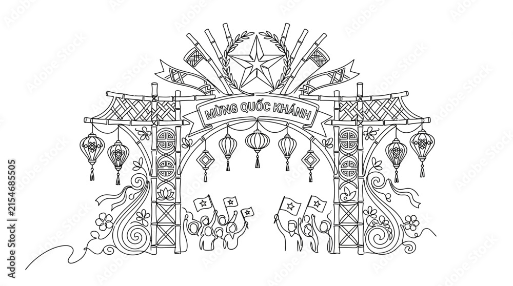 Obraz premium Vietnamese Independence Day Celebration Festive Gate Line Art Illustration