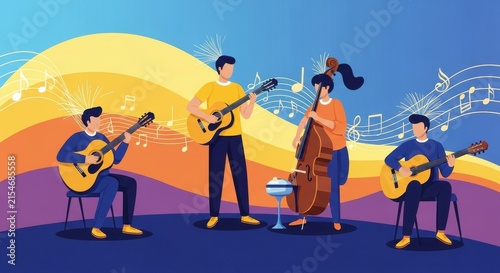 Colorful illustration of musicians playing instruments together.