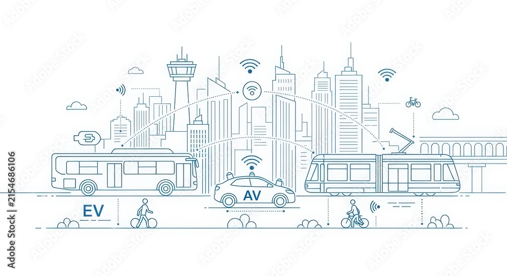 Obraz premium Smart City Transportation Concept with Autonomous Vehicle, Electric Bus, and Connected Infrastructure Line Art Illustration