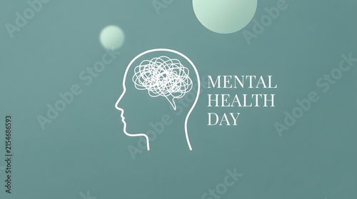 A minimalist conceptual illustration featuring a human head silhouette with a brain graphic designed for the annual global observance of world mental health day