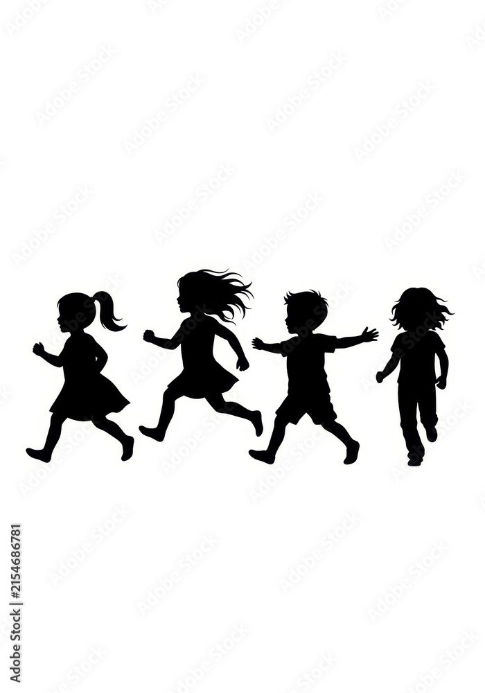 Obraz premium Black Silhouettes of Four Happy Children Running and Playing Together Isolated on White
