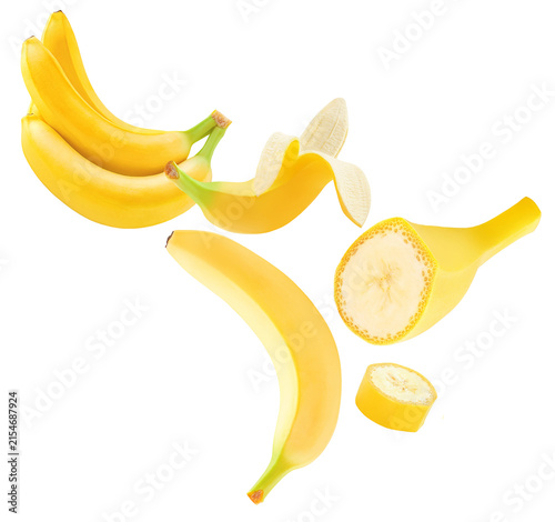 Banana fruits levitating in air on white background. Isolated Falling various banana pieces. Bananas is torn to pieces explotion. Pattern