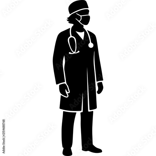 Doctor Silhouette With Stethoscope, Female Medical Doctor Standing Icon, Black And White Physician Vector Graphic For Logo Design