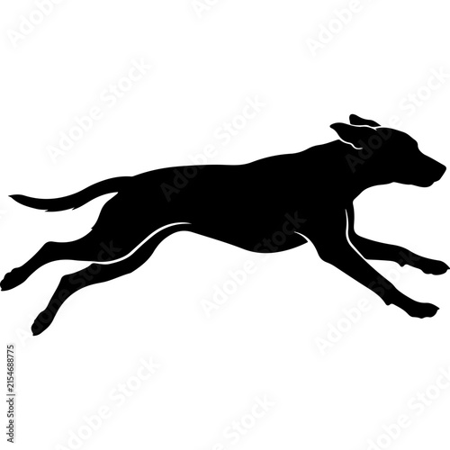 Dog Running Silhouette Vector. Dynamic Canine Jumping Graphic Motion Icon. Black White Pet Logo Design Element Embossing. Active Hound Shape for Badge, Web, and Print