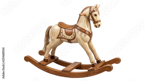 Vintage wooden rocking horse, antique hand-painted nursery toy, classic carved wood horse on white background