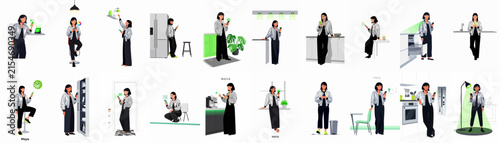Minimalist Vector Illustration Set of a Modern Young Woman in Various Daily Activities, Using a Smartphone and Laptop in Home and Office Environments with Fresh Green Accents