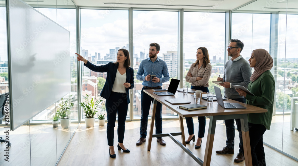 Fototapeta premium Team meeting table office presentation business coworker whiteboard laptop city