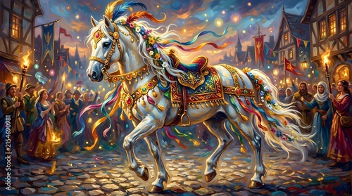 Majestic White Horse Decorated for a Medieval Festival at Night