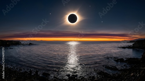 Total Solar Eclipse Over Ocean at Sunset with Corona and Stars