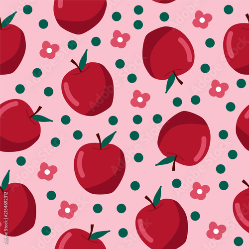Red Apple Seamless Pattern With Polka Dots And Pink Flowers. Cute Fruit Illustration For Wallpaper