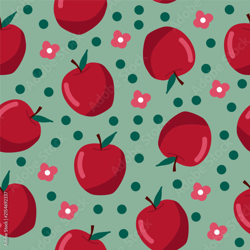 Red Apple Seamless Pattern With Polka Dots And Pink Flowers. Cute Fruit Illustration For Wallpaper