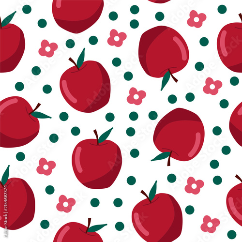 Red Apple Seamless Pattern With Polka Dots And Pink Flowers. Cute Fruit Illustration For Wallpaper