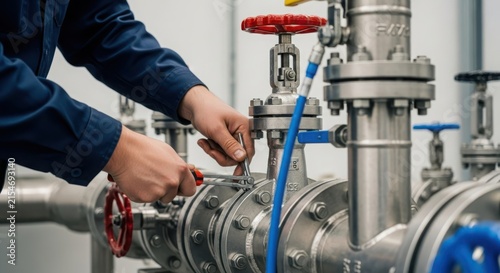 Industrial worker performing meticulous maintenance on a complex pipeline valve system with specialized tools