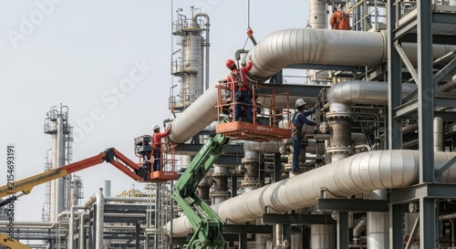 Industrial workers diligently installing large pipelines at a complex processing plant facility