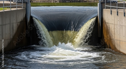 Powerful Water Cascade Over a Dam Structure Creating Dynamic White Water and Splashes