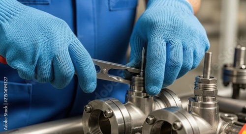 Skilled hands in blue gloves expertly adjust a metal valve with a wrench, signifying industrial precision and maintenance.