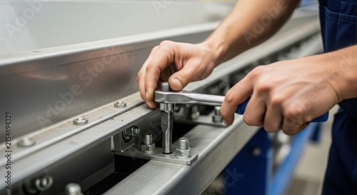 Skilled hands meticulously tighten bolts with a socket wrench during industrial maintenance work.