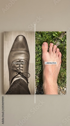 Restricted shoe versus liberated bare foot split comparison for foot health awareness month educational poster illustrating footwear restriction and freedom
