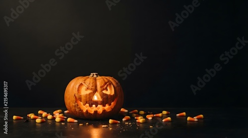 A carved jack o lantern pumpkin surrounded by candy corn on a dark background for halloween celebration