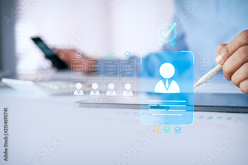 Professional HR recruitment, candidate selection process with digital employee profile interface, resume screening, talent acquisition workflow, online hiring management, human resources technology