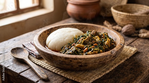 Traditional Ghanaian Fufu and hearty soup with meat served on rustic wooden table in a cozy setting, a delicious and culturally significant meal