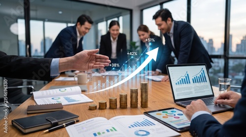 Business team analyzing financial growth charts and coin stacks on wooden table, corporate strategy meeting in modern office with city view window, investment profit.
